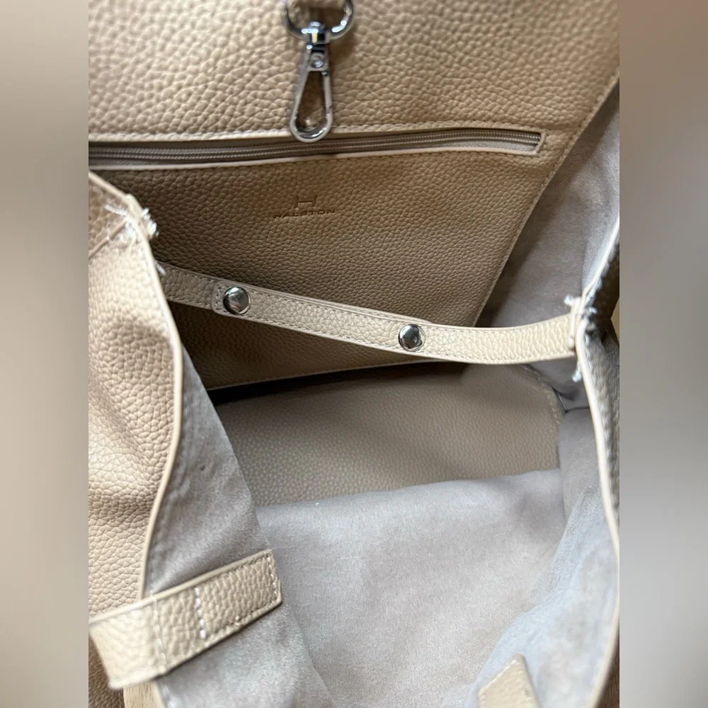 Halston Pebbled Leather Tote Bag Large Taupe Beige Shoulder Bag Minimalist Purse